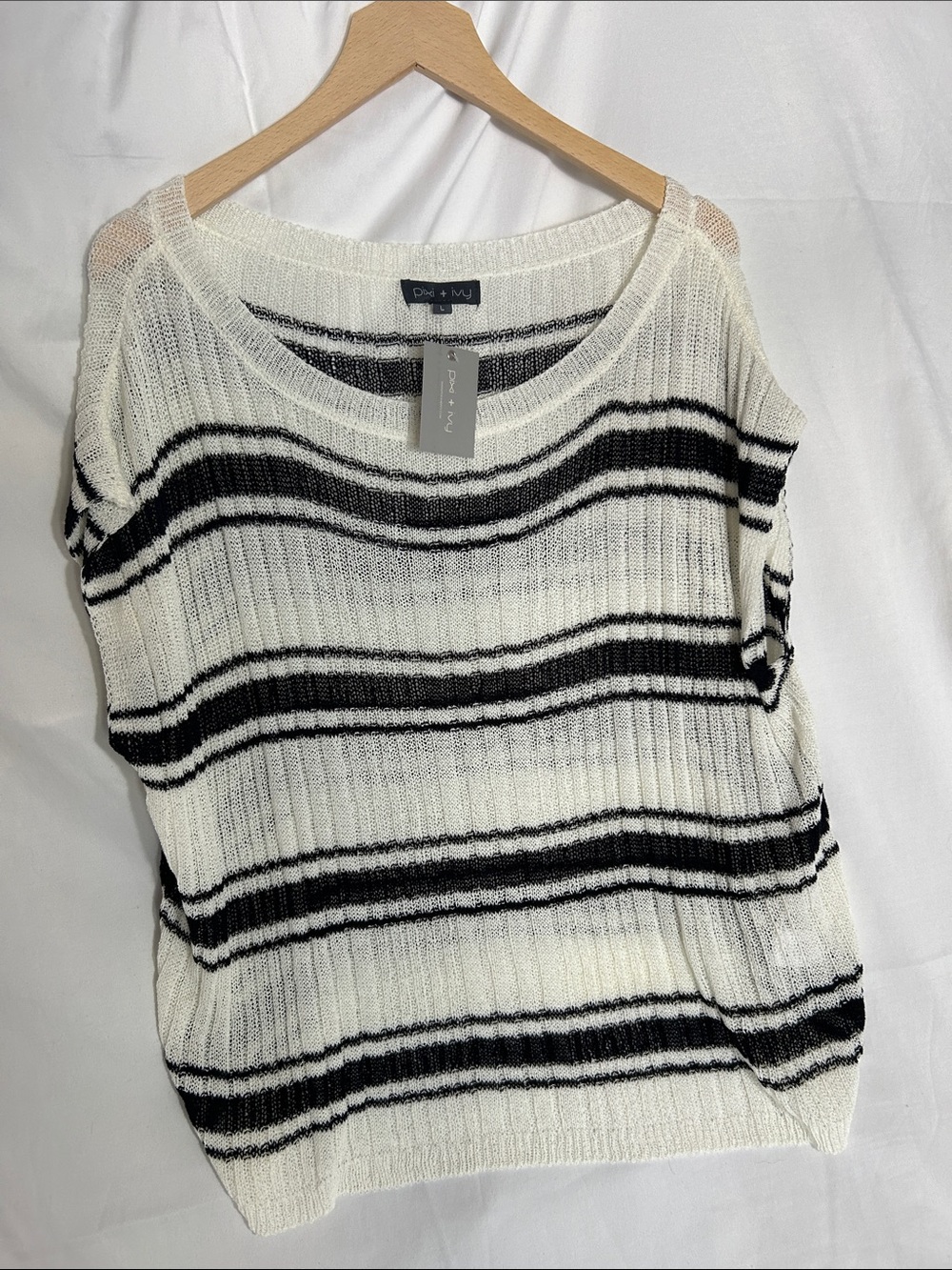 Dolce Vita White and Black Striped Lightweight Knit Scoop Neck Sweater